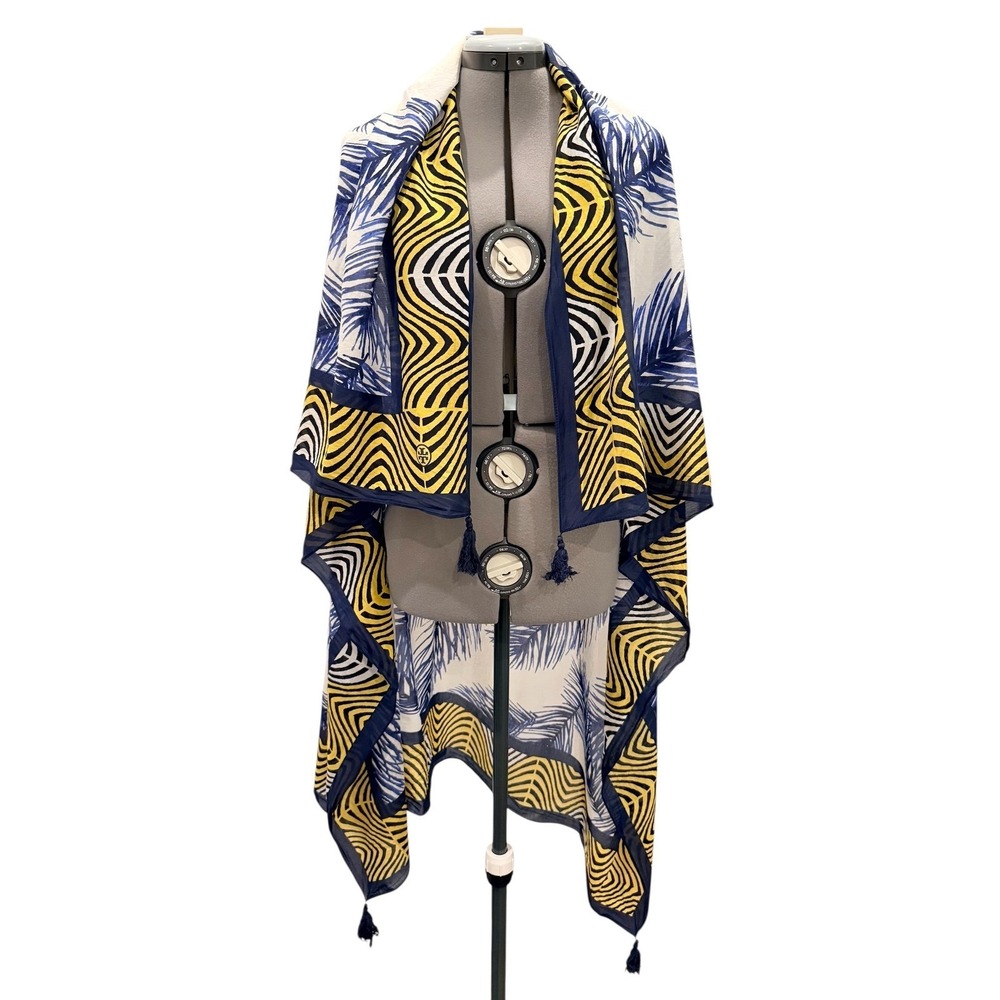 Tory Burch Silk Twill Tropical Palm Print Square Scarf Sarong Wrap Tassels 50x50